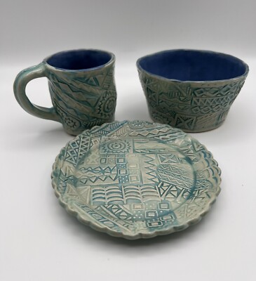 Hand Thrown Art Pottery Plate Bowl & Mug Set Signed Page ~ Blue & Aqua Mint