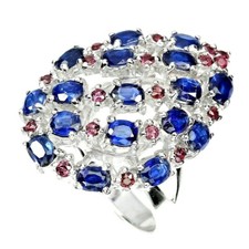 CORNFLOWER BLUE KYANITE  RHODOLITE GARNET RING 925 STERLING SILVER 14KWGP SZ7.5