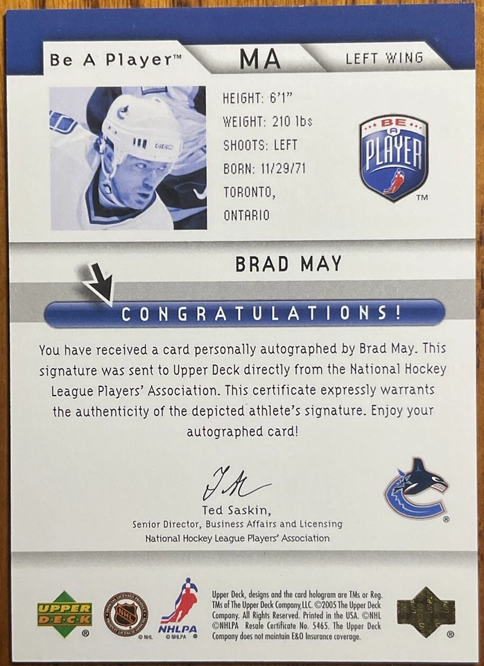 2005-06 Be A Player Signatures Brad May #MA Vancouver Canucks - Image 2 of 2