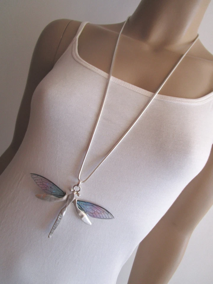 Damen Hals Kette lang Modekette Statement Silber Libelle Lila Blau Alu Trend - Bild 3 von 4