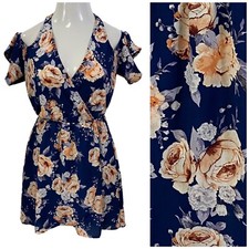 Charlotte Russe Dress Womens Medium Blue Floral Ruffle Cold Shoulder Coastal