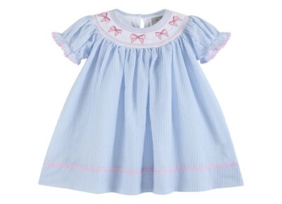 NWT Lil Cactus Blue Pink Bow Bishop Smocked 6 12 Months Baby Girls Dress 6-12M