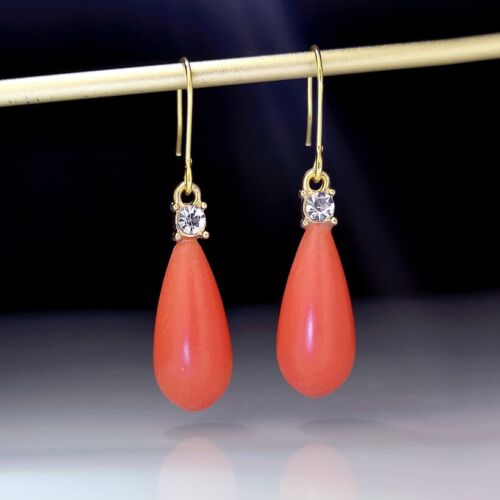Stunning Salmon Color Vintage Coral Stone Dangle Teardrop Hook Earrings - Picture 2 of 5