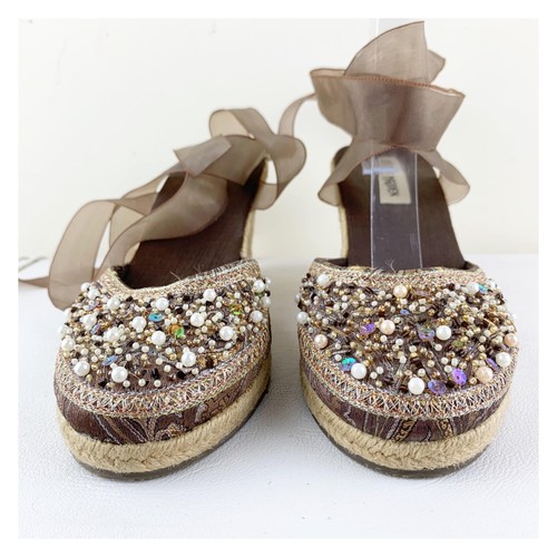 Steve Madden taupe Pearl/Bead/Crystal Embellished Wedge Ankle Wrap Boho Espadril - Picture 4 of 15