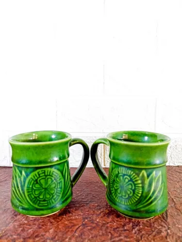 Vintage Green Ceramic Mug Set - Floral Patterned Stoneware Coffee Mugs