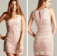 Free People Mini Dress Womens Medium Blush Combo Bitsy Ditsy Shimmy Mesh Bodycon