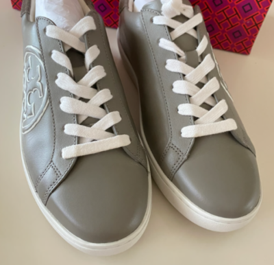 Tory Burch T-Logo Nappa Leather /Nat Suede Sneaker Shoes IN Gray