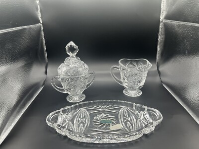 Vintage Glass Creamer Sugar Bowl & Tray Crystal Cut Pinwheel Design