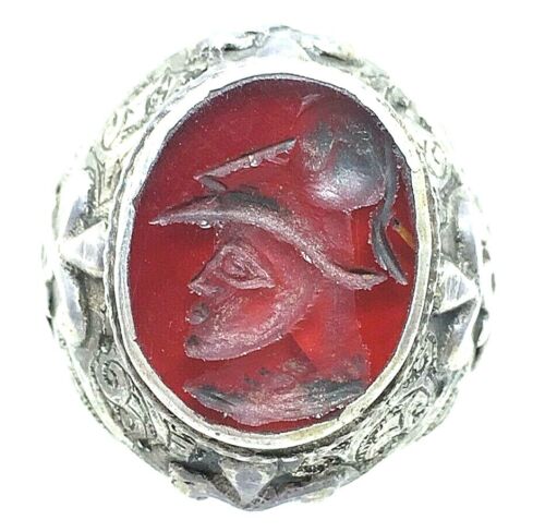 Afghanistan ring silver intaglio carnelian orange agate antique vintage roman 2 - Picture 1 of 12
