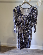 Calvin Klein Black/Purple/White Abstract Ruched Sheath Knee Dress M 3/4 Scoop