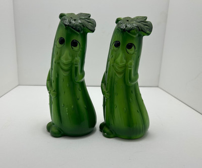 Vintage Anthropomorphic Pickle Salt & Pepper Shakers   Made in Japan 