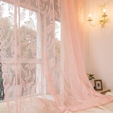 Pink Lace Curtains 84 Inches Long Leaf Embroidery Window Sheer Drapes Pair