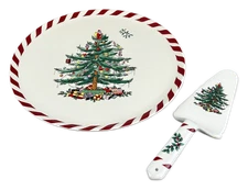 Spode Christmas Tree Peppermint Cake Plate and Server Set with Original Box NWT