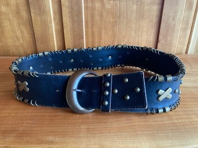 breiter Ledergürtel schwarz, Nieten, Kreuze  gold, Size 95 cm Gesamtlänge 108 cm
