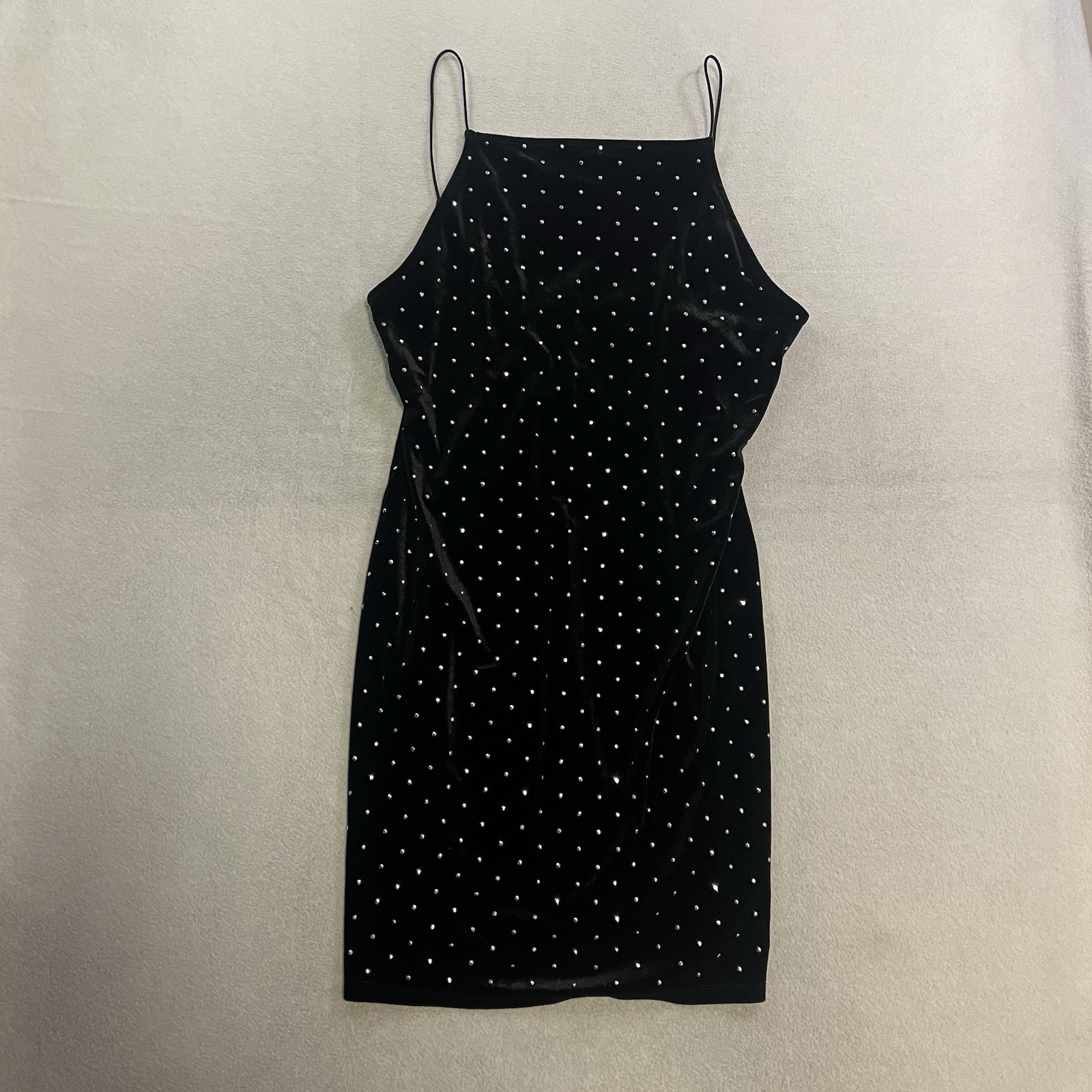 H&M Black Velvet Dress Sleeveless Rhinestone Mini Spaghetti Strap Large NWT