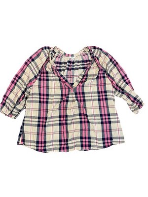 Crown & Ivy Plaid Smocked V-Neck Tunic Top Pink Navy Cream Women 1X 3/4 Sleeve