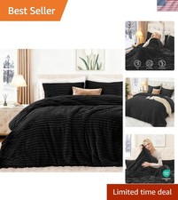Fluffy Comforter Set Queen Size - Super Soft Faux Fur Stripe Jacquard Comfort...