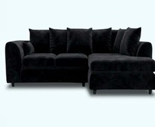 Black Plush Velvet Right Hand Facing Corner Sofa With Free Matching Footstool