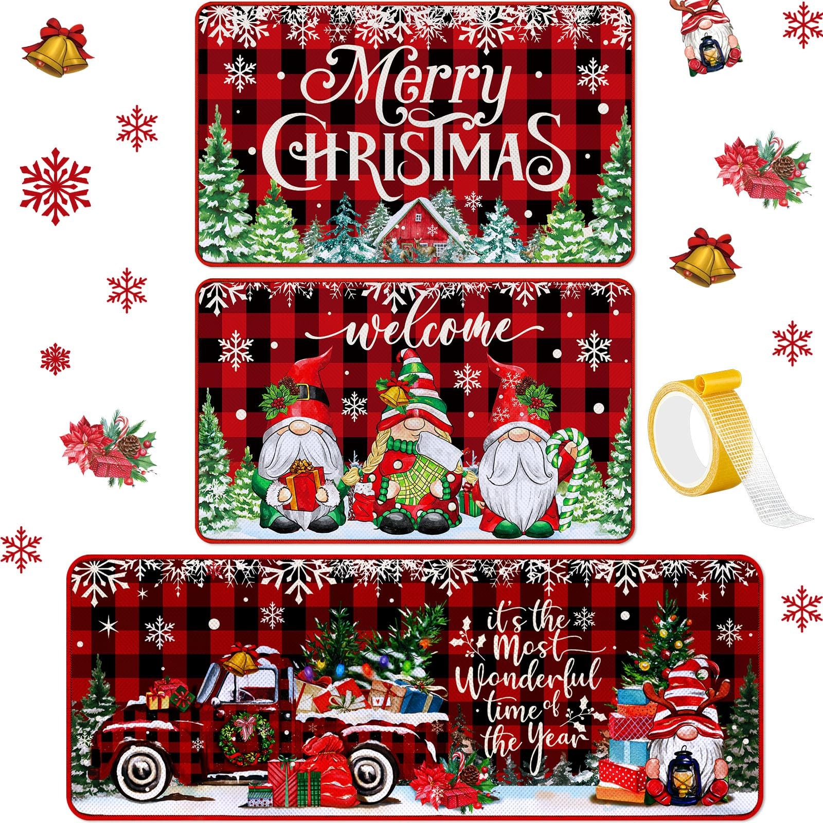 3 Pcs Christmas Gnome Kitchen Mat Washable Kitchen Rug Non Slip Doormat Water...