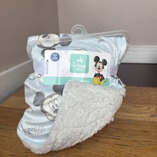 Disney Baby Mickey Mouse Blue Baby Blanket White Sherpa Security Lovey Plush NEW