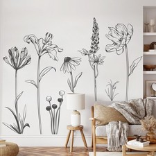 Large Boho Black Flower Wall Decals Simple Sketch Wildflower Floral Wall Stic...