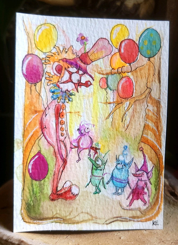 ACEOA ORIGINAL paint & Marker - Clown , Fantasy Creature Forest Of Balloons -KE