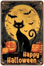 Halloween Black Cat Tin Metal Sign Happy Halloween Garden Decor 8x12