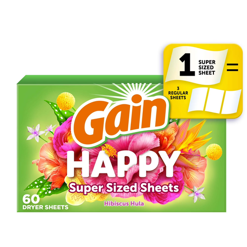 Gain Dryer Sheets, Happy, Hibiscus Hula Scent 60 Mega Dryer - FREE SHIPPING - Picture 1 of 11