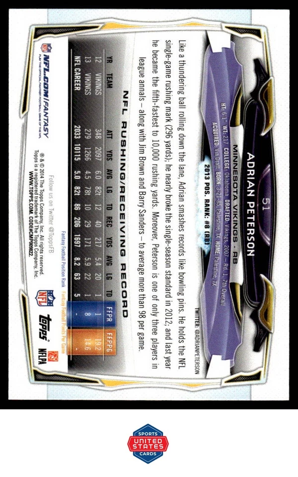 2014 Topps #51a Adrian Peterson - Image 2 of 2