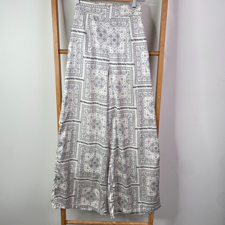 Billy J Palazzo Pants Womens 6 White Bandana Paisley Print Wide Leg High Rise