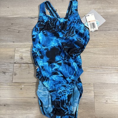 Speedo Women s 28 XS Blue Black Water Wave Print Competitive Swim Team Travel