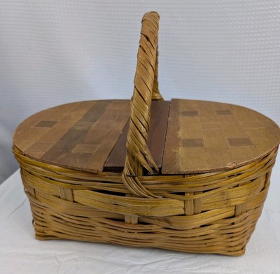 Vintage Woven Picnic Basket with Top Handle & Two Hinged Lids 16 Inches Long