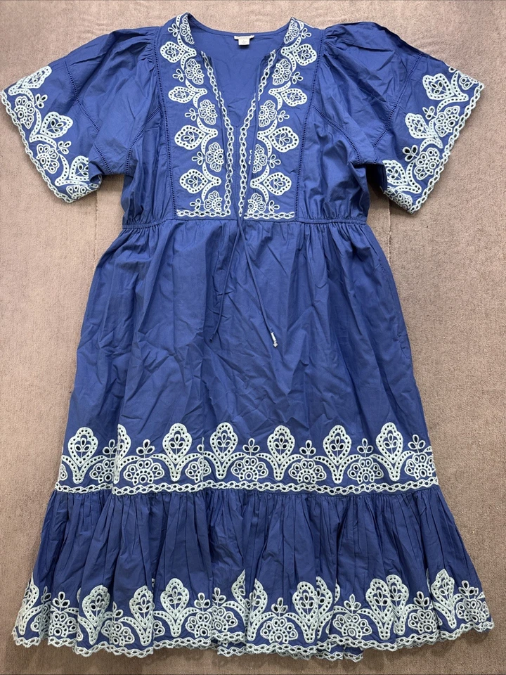 Vestido Sundance Azul Bordado Boho Midi Algodón Ojales Ribete Cuello en V Grande Foto 2 de 4