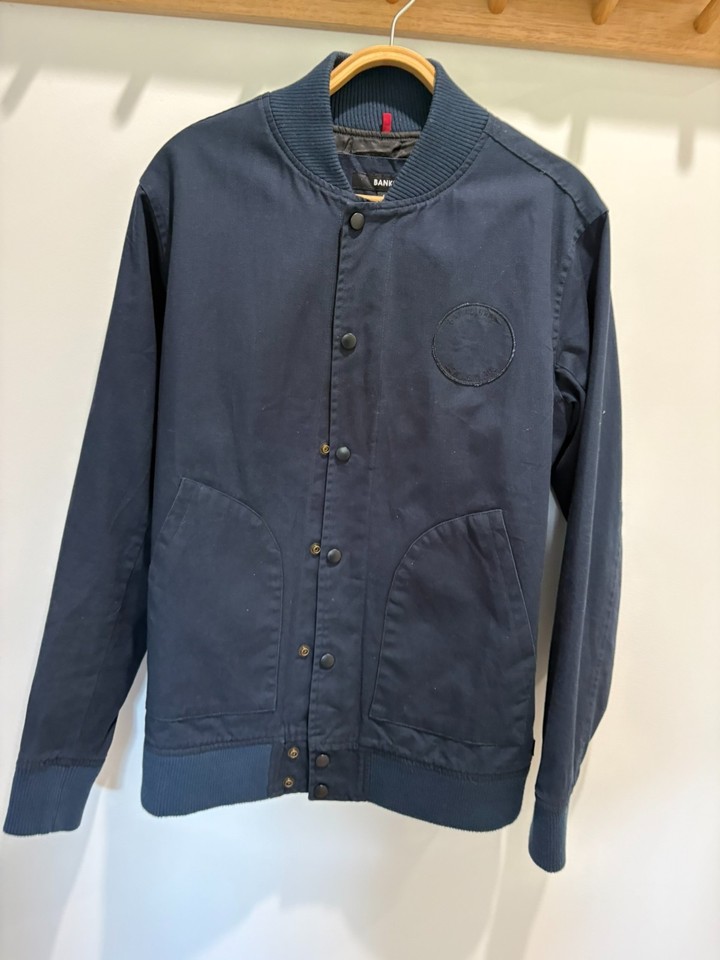 Navy Blue 100% Cotton BANKS Bomber Jacket Size Small RRP $300