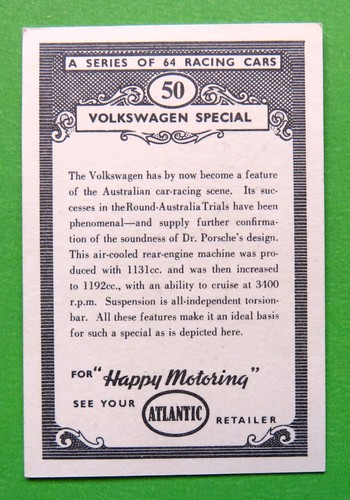 1950s ATLANTIC Petrol Series of Racing Cars Swap Card: VOLKSWAGEN SPECIAL .. #50 - Picture 2 of 2