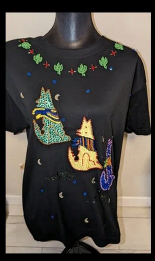 Vintage 90s Southwest Coyote Cactus Beaded Top Shirt Womens Sz M - Sansegal
