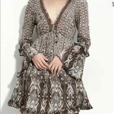 Sanctuary mini bohemian dress brown & blue V neckline size small