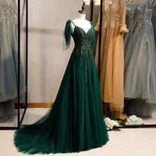Womens V-neck Sleeveless A-line Floor Long Dress Shiny Lace Evening Gown Green 