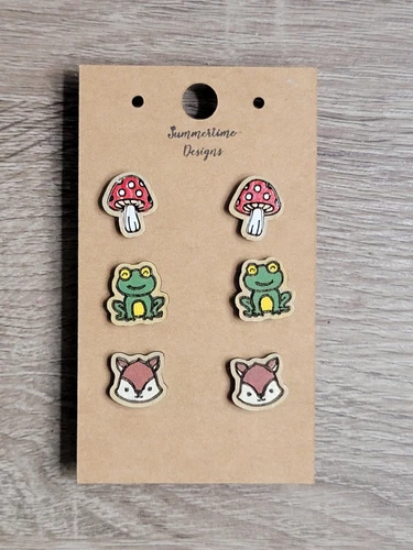Hand Painted Laser Cut Wood Mushroom Toad Fox Stud Earrings Set of 3 Pairs