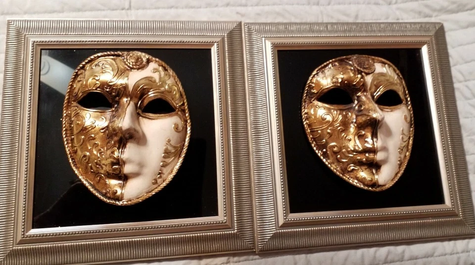 Inusual Par Flotante de Máscaras Venecianas Mascarada Decoración de Pared Rostros Dorado y Blanco Foto 4 de 4