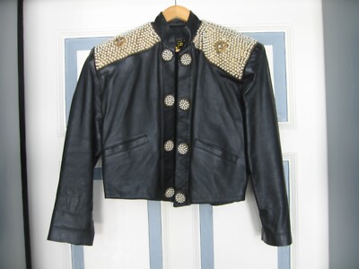 DESIGNER DAMEN LEDERJACKE - LE BEAU - SCHWARZ MIT PERLEN - GRÖSSE: M - TOP ZUST.