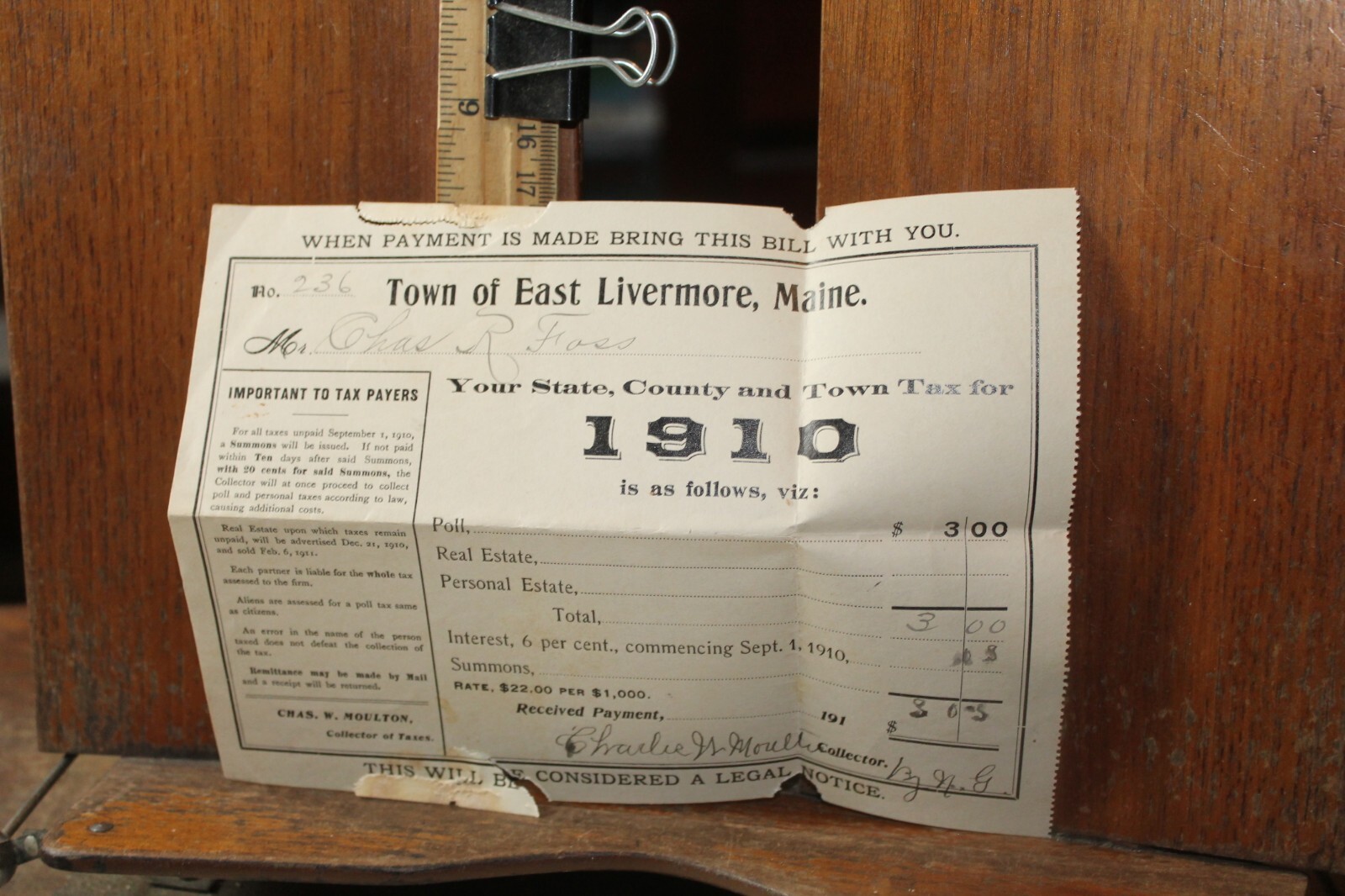 Antique 1910 Town of East Livermore, Maine Tax Bill eBay