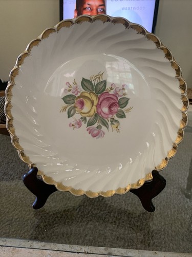 Vintage White & Gold Royal China Warranted 22 kt Gold Plate 10” MCM Flowers Rose