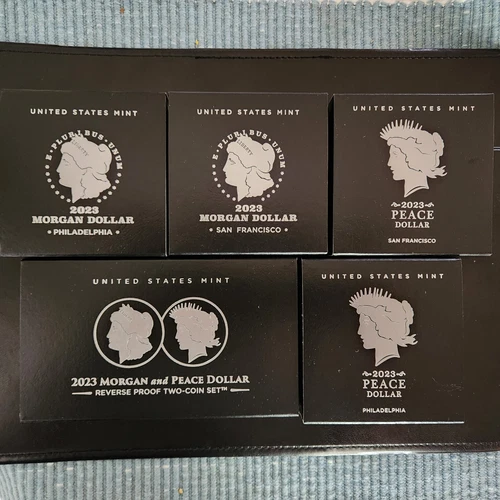 2023 Morgan & Peace Dollar 6 coin Reverse Proof, Proof & Unc Set, OGP, COA