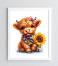 Cow Wall Art Print, Cute Cow With Sunflower Art Print, Farmhouse Wall Art Decor