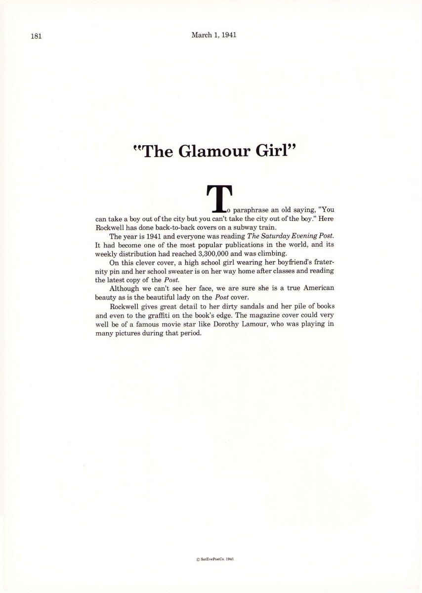 1941 MAR 1 Glamour Girl NORMAN ROCKWELL SATURDAY EVENING