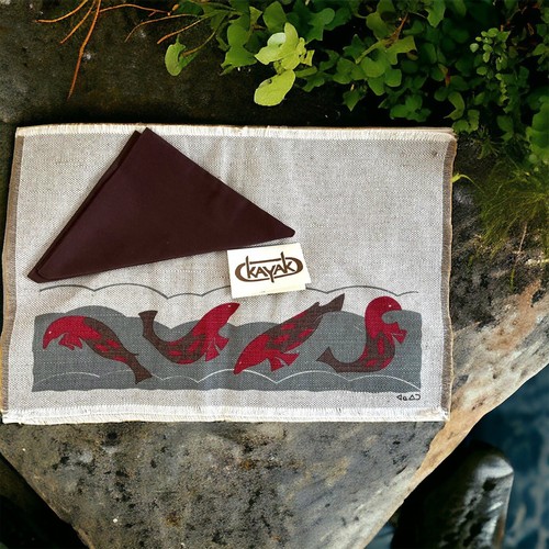 Placemats and Napkins Hand Silk X2 Screened Linen Kayak Made In Canada TAGS NEW - Picture 4 of 10