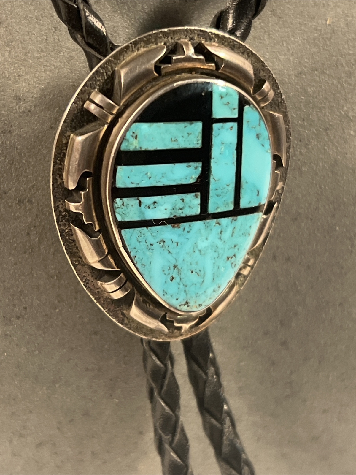 Native American signed AF vintage sterling silver turquoise bolo tie ...
