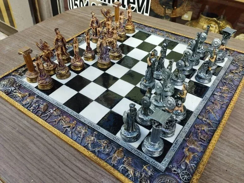 Large Chess Set Greek Mythology Characters Statue Sculpture Chess Board  Decor