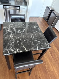Square Black Marble Dining Table Set with 3 Faux Leather Chairs, Contemporary